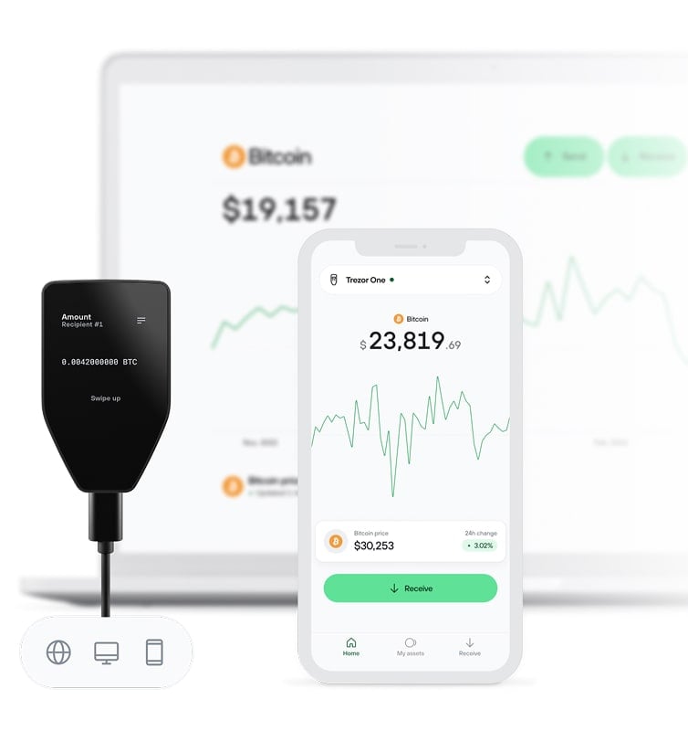 Trezor hardware wallet with Trezor Suite on phone and desktop